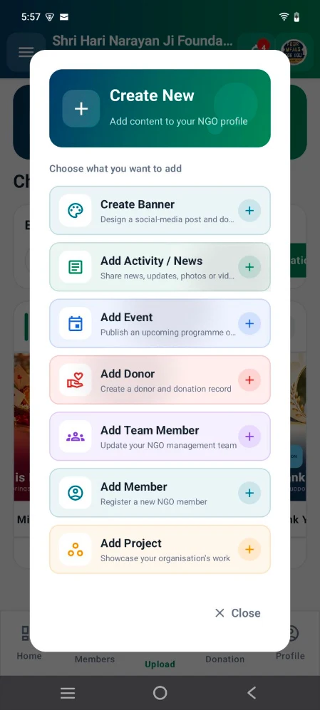 NGO Setu Create New content menu